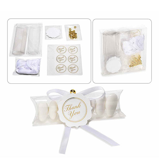 36pz. Kit bomboniera matrimonio segnaposto con scatola in pvc, tag, nastro e campanella