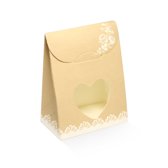10pz AC Scatola Sacchetto portaconfetti nozze avana con cuore trasparente e roselline bianche mm. 60x35x80
