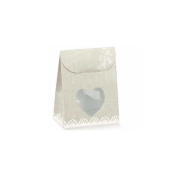 10Pz. Scatola portaconfetti sacchetto cuore rose tortora mm 60x35x80h