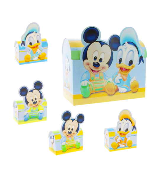 Scatole Portaconfetti Set Bauletto + 32 cofanetti topolino e paperino celeste cm. 7x4x9,5