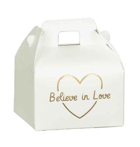 10pz. Scatolina Portaconfetti a forma di valigetta bianca con scritta e oro \"Believe in love\" mm. 70x60x43