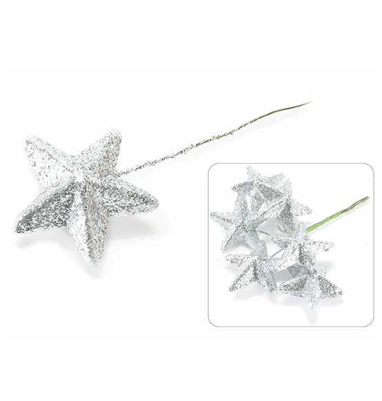 120pz. Stella chiudi pacco natalizia argento con glitter e gambo modellabile per decorare pacchi regalo