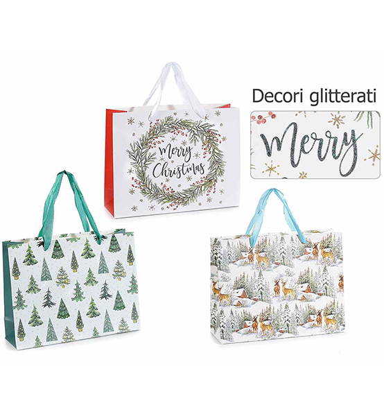 30Pz. Sacchetti/shoppers con base bianca e con decori natalizi con glitter cm. 24,5x8x19H