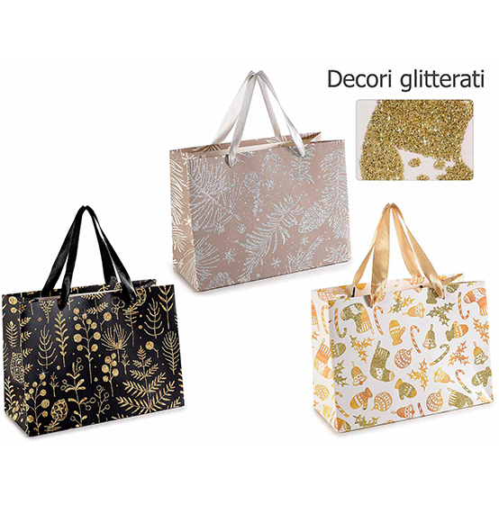 18Pz. Sacchetti/shoppers natalizi regalo con decori natalizi e glitter cm. 23x10x17H