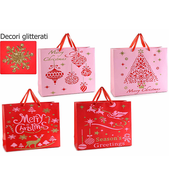 16Pz. Sacchetto rettangolare regalo in carta colorata con decori natalizi e glitter cm. 38x12,5x30,5H
