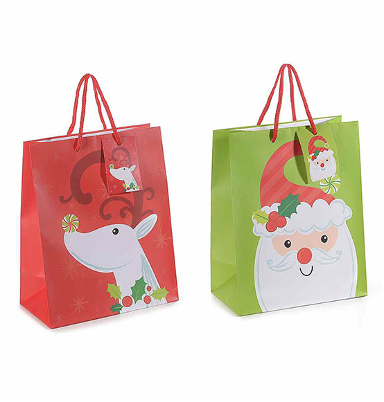 30Pz. Sacchetti buste regalo piccoli in carta colorata con personaggio natalizio e biglietto di auguri cm 18x10x23 (Con manici cm. 28,5)