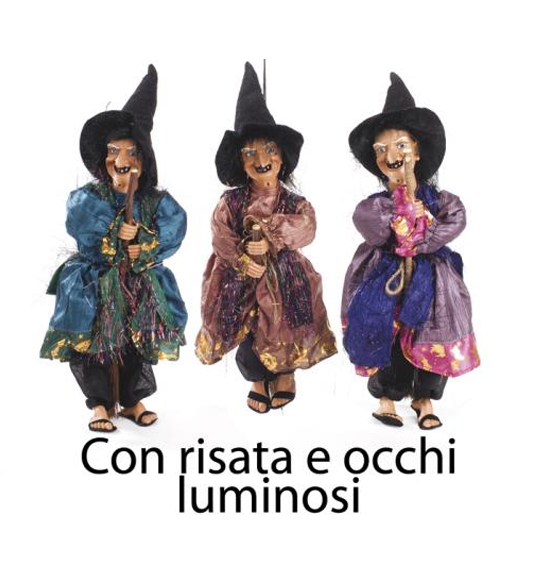 Strega halloween in stoffa e resina con occhi luminosi e risate