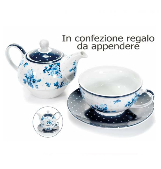 Set teiera e tazza in porcellana con fiori blu