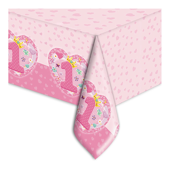 TOVAGLIA PLASTICA COMPLEANNO 1 ANNO BAMBINA ROSA CM. 140X270