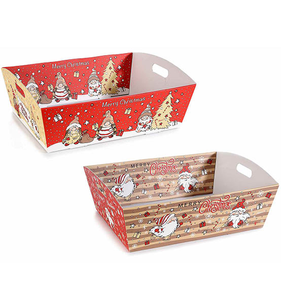 12Pz Vassoio grande in cartoncino con manico e decorazioni natalizie con gnomi Linea "Gnometti Family" cm. 37x29x11H