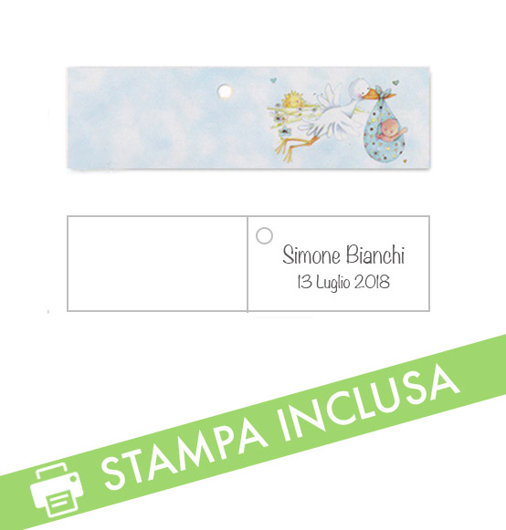 20pz. Bigliettini PERSONALIZZATI per confetti battesimo nascita cicogna celeste mm. 45x25h.