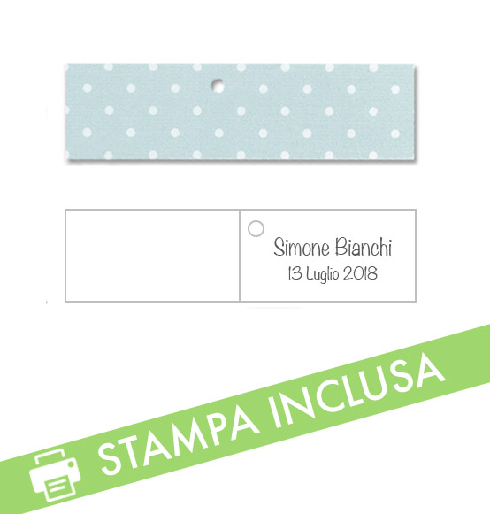 20pz. Bigliettini PERSONALIZZATI per confetti battesimo nascita celeste a  pois mm. 45x25h., Scatole Discount.it - Trasparenti, in cartone,  portabottiglie, portaconfetti, nastri, bomboniere e ragali