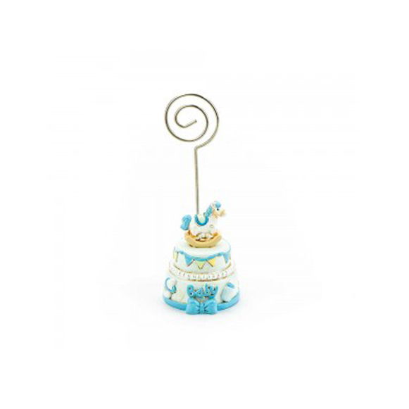 Bomboniera battesimo memo clip torta baby con cavallo celeste cm. 3,5X10