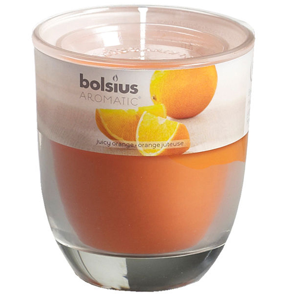 Candela con bicchiere in vetro bolsius aromatizzata all'arancia diam. cm7X8
