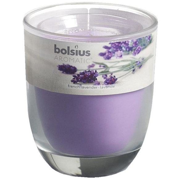 Candela con bicchiere in vetro bolsius aromatizzata alla lavanda diam. cm7X8