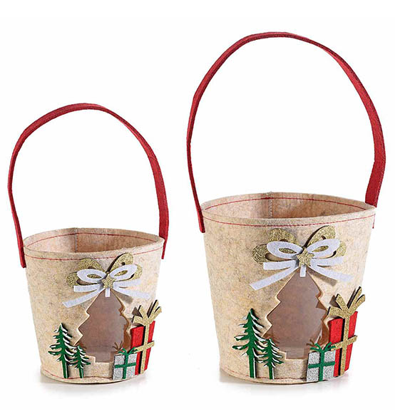 4pz. Borsette tonde in panno beige con finestra a forma di Albero di Natale