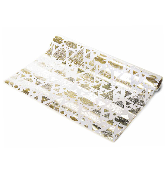 Tessuto non tessuto bianco con stampa metallizzata ad alberi di Natale oro