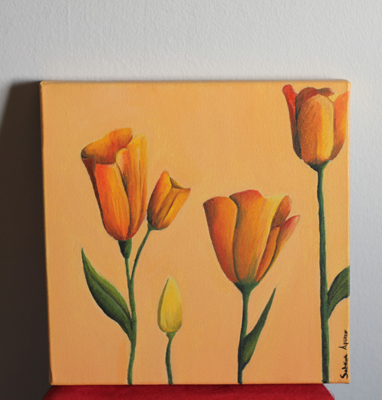 Quadro olio su tela tulipani gialli cm 30x30x3,5