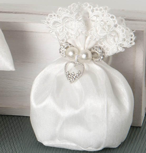 Saccoccio portaconfetti nozze bianco con chiusura con ciondoli strass Linea DESIRE\'. 10 CM