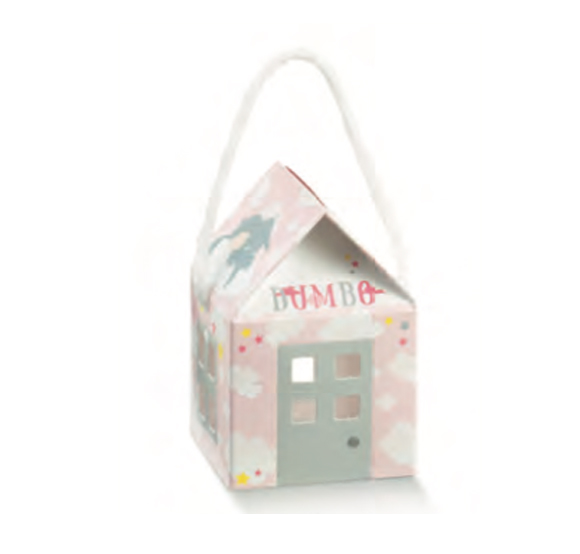 10pz Scatoline portaconfetti nascita casetta Dumbo con cordino rosa mm. 55x55x50