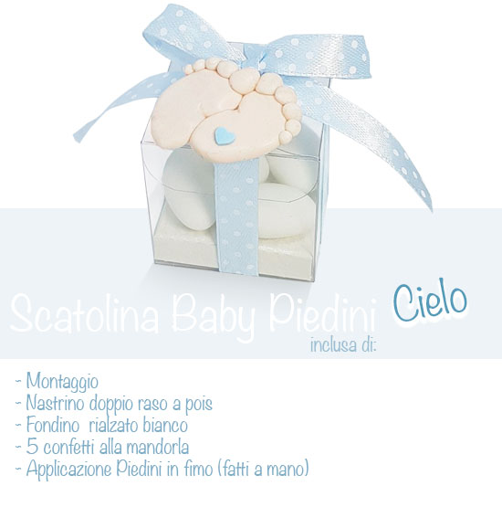 Scatoline battesimo nascita cubetto trasparente portaconfetti piedini fimo  celeste mm. 40X40X40 H, Scatole Discount.it - Trasparenti, in cartone,  portabottiglie, portaconfetti, nastri, bomboniere e ragali