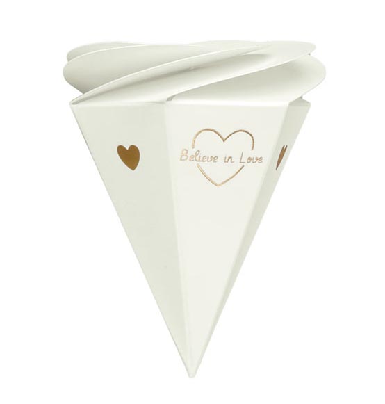 10pz. Scatolina cono a spirale bianco con scritta oro "Believe in love" mm. 90