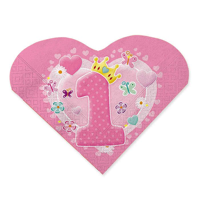 20PZ.  TOVAGLIOLI COMPLEANNO 1 ANNO BAMBINA ROSA CM 33X33